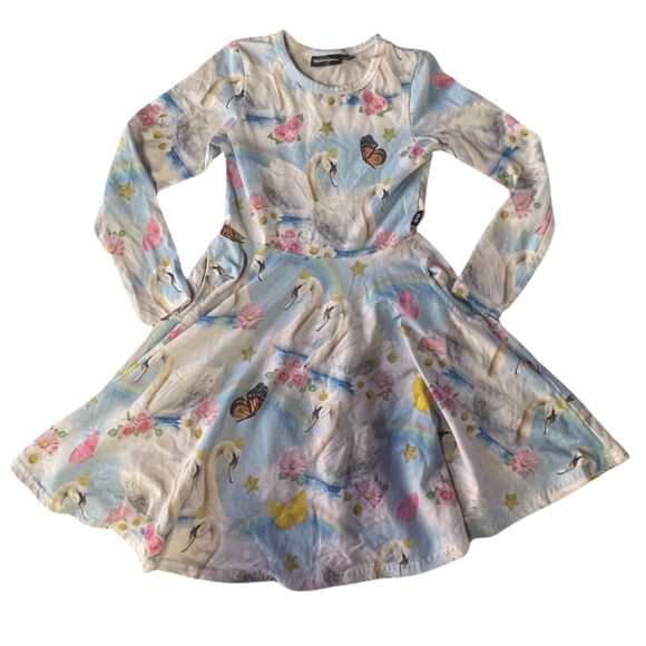 Rock Your Kid Girls’ Long Sleeve Dress – Size 6, Swan & Rainbow Print, Cotton - Picture 1 of 7